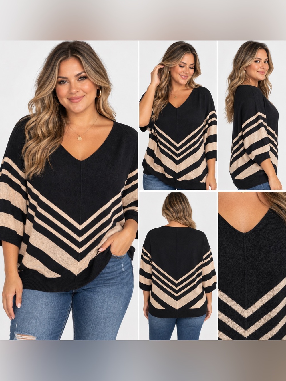 Avenue plus size Women's Black & Beige Chevron V-Neck Knit Sweater size 18/20